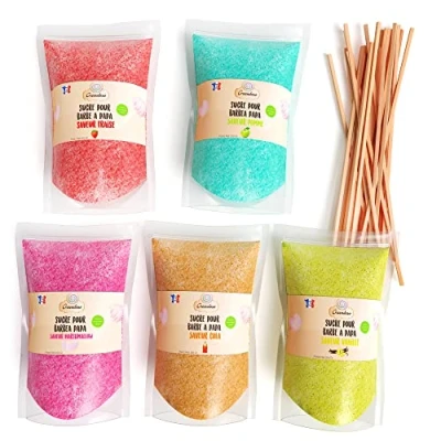 Bild av Greendoso Socker Till Sockervadd 5X160 Gr (Naturliga aromer och färger) Jordgubb Cola Äpple Marshmallow Vanilj för Sockervaddsmaskin + 20 Sockervaddspinnar på 28 cm (gratis)