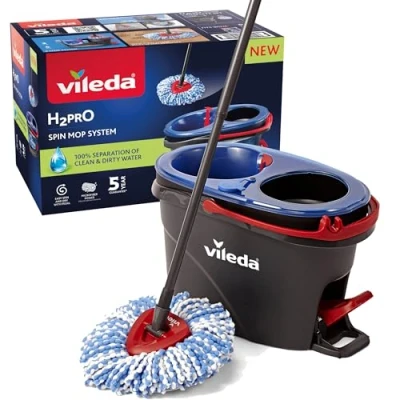 Bild av Vileda H2PrO Spin Mop Golvrengörare med centrifug Separation av rent och smutsigt vatten Tvåtanksystem Enkel klämning pedal Mikrofiberbåge Ergonomisk design