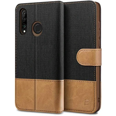 Bild av BEZ Huawei P30 Lite fodral, telefonfodral kompatibelt med Lite, plånboksfodral [kanvas konstläder] kreditkortshållare, sparkstativ, magnetisk remstängning, svart