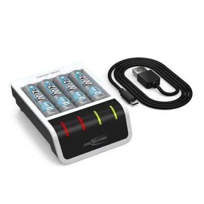 Bild av Ansmann Caricabatterie con 4 batterie AA da 2100 mAh automatico tecnologia di ricarica Perfect 7 e modalità ripresa Comfort Smart, blu