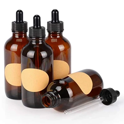 Bild av stonylab Glas Droppflaska 4 Pack, Tom Glasflaska med Konglasdroppare, Inre Propp och Etikett för Eteriska Oljor, Aromaterapidofter (120 ml, Brun)
