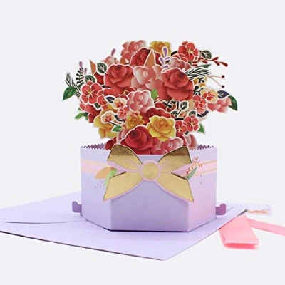 Bild av iLovepaper pop up blomkort, 3D födelsedagskort för dig, dam, fru, mamma (födelsedagskort, presentkort), gratulationskort med blombukett kuvert, lila
