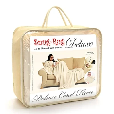 Bild av Krämfärgad Snug Rug DELUXE filt med ärmar genuin tät matta ärmade filtar 260gsm lyxig mysig supermjuk korall fleece mjukt tyg långa överdimensionerade och fickficka Vuxenstorlek