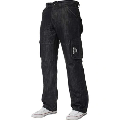 Bild av ENZO Designer Cargo Combat jeans denim byxor alla midjestorlekar, Svart (Black Wash), 42W x 32L