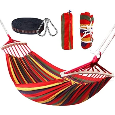 Bild av Nakeey Dubbel hängmatta 280 x 150 cm, utomhus hängmattor stavhängmatta för resor camping vandring trädgård, bärbar och ventilerande, lastkapacitet upp till 300 kg, röda ränder