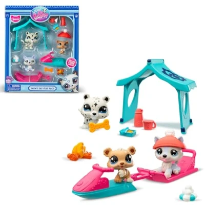 Bild av Bandai Littlest Pet Shop Snödagsset med 3 Djur och tillbehör Husky Björn Leopard Leksakspaket Mini Söta Leksak för Barn Ålder 4+ BF00534