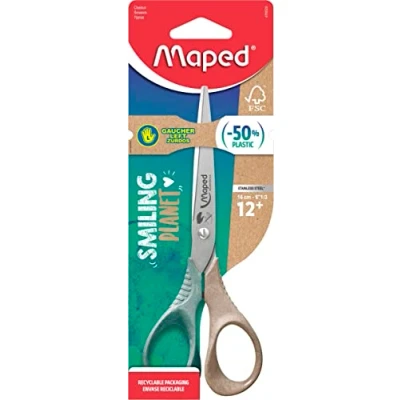 Bild av Maped Shape Smiling Planet sax ansvarsfull för vänsterhänta stabilitet och precision 50% FSC certifierade träfiberringar 3D ergonomi 16 cm blad i rostfritt stål