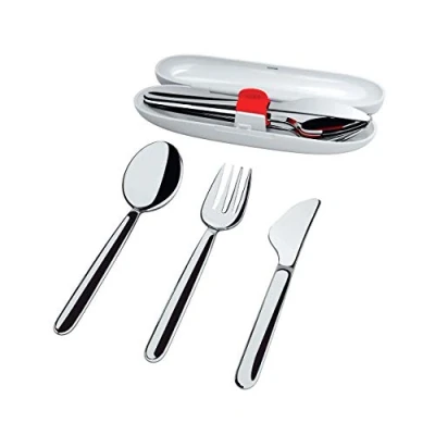 Bild av Alessi, Food à porter SA04S3 G, resebestick: Sked, gaffel, kniv av rostfritt stål 18/10. Skal i termoplastisk harts, grå.
