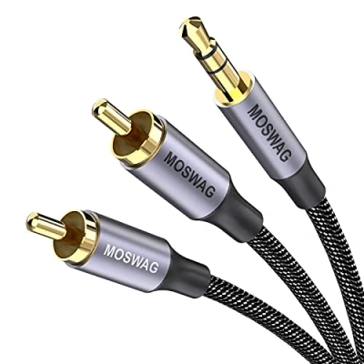 Bild av MOSWAG 2 RCA uttag med HiFi 3,3 ft/1 m ljud, 3,5 mm uttag, minijack, Macho stereoljudkabel för mobiltelefon, surfplatta, PC, iPod, förstärkare, högtalare, TV, DVD