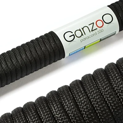 Bild av Ganzoo Paracord 550 rep svart 4 mm snöre typ 3, nylon och polyester, perfekt för pyssel av hundkoppel, halsband, armband/camping överlevnad utomhus 15 meter universalrep 7 innertrådar