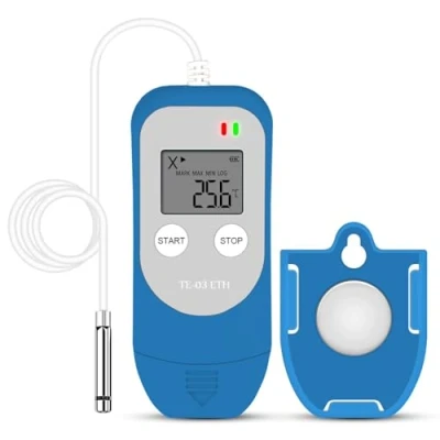 Bild av ThermElc TE 03 ETH temperatur luftfuktighet logger hög precision digital sond, noggrannhet upp till ± 0,3 C, automatisk PDF CSV rapport, LED varningsljus, perfekt för läkemedelsförvaring