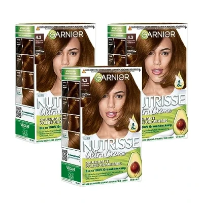 Bild av Garnier Nutrisse creme Coloration guldbrun 43/färgning för hår permanent hårfärg (med 3 närande oljor) förpackning med