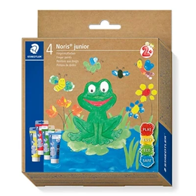 Bild av STAEDTLER Fingermalfarbe Noris junior (intensive, lichtechte Farben, leicht mischbar, schnell trocknend, Anwendung auf Papier, Pappe, Holz und Glas/Fenster, Set mit 4 Farben), 8814