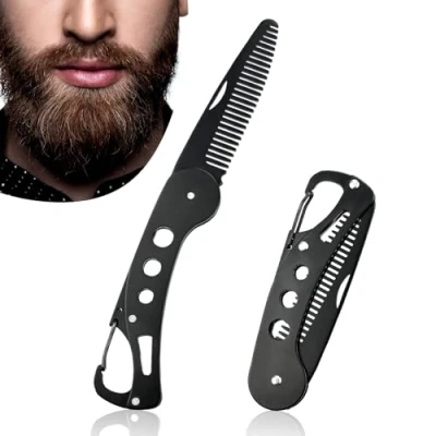 Bild av YancLife Skäggkam, rostfritt stål fällbart skägg och mustasch fickkam kreativ knivstil antistatisk för män lockigt rakt hår, 9,5 x 3 1,5 cm