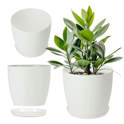 Bild av KADAX blomkruka, växtkruka med underlägg, rund blomkruka av plast, matta för kaktusar, ormbunkar, glänsande ytterkruka balkong, lägenhet och terrass (⌀ 16 cm, vit)