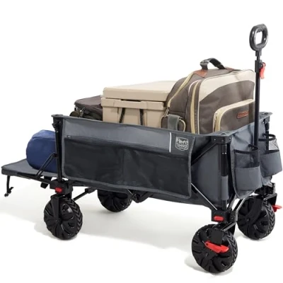 Bild av TIMBER RIDGE Festivalvagn 300 L med bromsar, vikbar strandvagn baklucka, 135 kg hopfällbar vagn avtagbara breda hjul och justerbart handtag för utomhus camping trädgård, grå