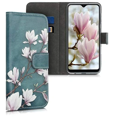 Bild av kwmobile plånboksfodral kompatibelt med Samsung Galaxy A10 PU läder vikbart fodral kortfack och stativ Magnolias Taupe/vit/blå grå
