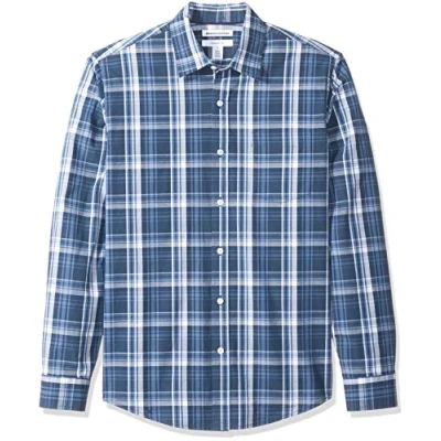 Bild av Amazon Essentials mäns Slim Fit långärmad poplin skjorta, marinblå medium rutig,
