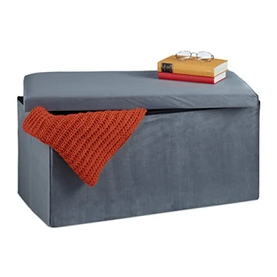 Bild av Relaxdays sittbänk med förvaringsutrymme, sammet, 80 L, hall, vardagsrum, vadderad, vikbar, byråbänk, 38 x 77 39 cm, mörkgrå