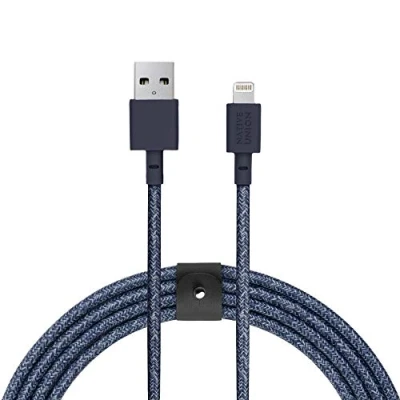 Bild av Native Union BELT kabel XL 3 m (10 fot) ultrastark förstärkt [MFi certifierad] Lightning till USB laddningskabel med läderrem kompatibel iPhone/iPad (Indigo)