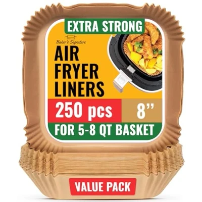 Bild av Bakers signatur, engångs och fritösmaskiner 240 st fettsäkra luftfritöspapper, 20 cm (8 tum) fyrkantiga ark för 5,5 9 l korgar, ugn, stekpannor tillbehör kök, luftfritös, enkel rengöring