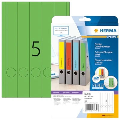 Bild av HERMA 5134 mappetiketter A4 smal/lång (38 x 297 mm, 20 ark, papper, matt) självhäftande, utskrivbara, permanenta mappa ryggetiketter, 100 filetiketter, grön