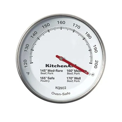 Bild av KitchenAid Ugnssäker Köttermometer, 120 F till 200 F, Rostfritt Stål/Glas, Silverfärgad/Vit, 7,5 cm Urtavla, KQ902G