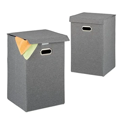 Bild av Relaxdays tvättkorg set om 2, vikbar med lock, kvadratisk 62 L, 55,5 x 35,5 cm, grå, 1 st