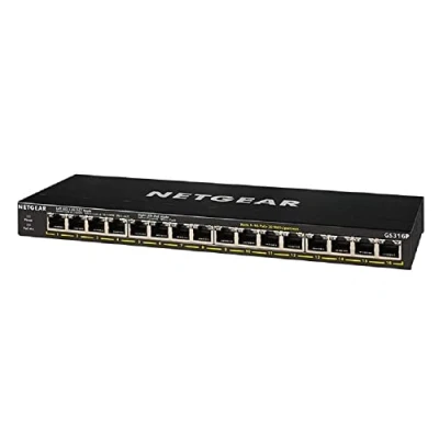 Bild av Netgear GS316P 16 port Gigabit Ethernet LAN PoE switch (med x 115 W, utbyggbar, Plug and play, nätverksbrytare, skrivbord eller väggmontering, fläktlöst metallhölje), svart