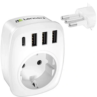 Bild av LENCENT Reseadapter Sverige/EU till Italien Adapter, Typ L Travel Adapter Plug med 3 USB A + 1 C, 5 i Socket Power Strömadapter för IT, Chile, Uruguay, Syrien, Vit [Energiklass A+++]