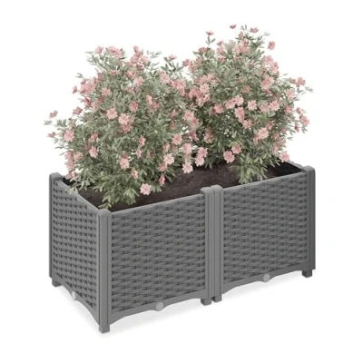 Bild av Relaxdays Växtkruka, rottinglook, HBT: 38 x 80 40 cm, trädgård, balkong och terrass, blomkruka med vattenbehållare, grå