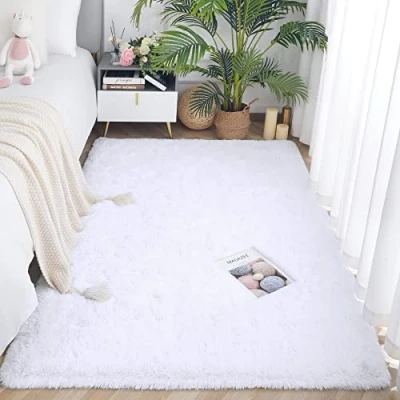 Bild av ROHATIM matta med lång lugg, vardagsrum, supermjuk lurvig matta, fluffig, mjuk områdesmatta, sovrumsmattor, fluffig barnmatta (ren vit, 160 x 230 cm)