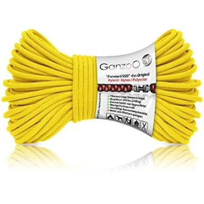 Bild av Ganzoo © Paracord 550 Rep 4 mm Ø nylon/polyester typ hybrid armband hundkoppel hundhalsband 250 kg. Brottlast Outdoor Campinglina universalrep 30 meter gul