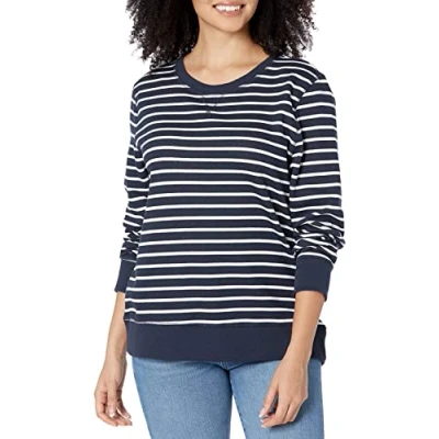 Bild av Amazon Essentials dam fransk frotté fleece rund hals sweatshirt (finns i plusstorlek), marinblå vit rand, X Small