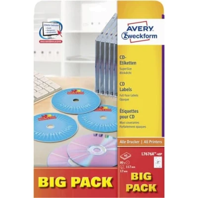 Bild av AVERY Specialform L7676A 40P självhäftande CD etiketter (genomskinlig dekal, Ø 117 mm Supersize, 80 tryckta på 40 ark, för alla A4 skrivare) vit