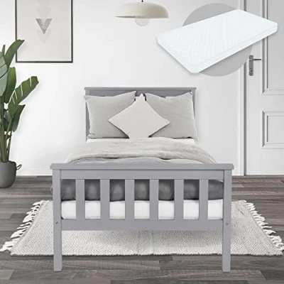 Bild av ML Design Träsäng 90x200 cm ljusgrå med madrass, furu, massivträ sängstomme lamellram och fötter, enkelsäng sänggavel fotgavel, säng för barn vuxna, barnsäng, ungdomssäng