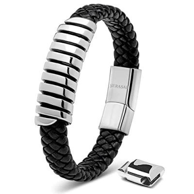 Bild av SERASAR Läderarmband för Män 23cm Flätat Silver Armband Pojkarmband Hanarmband Smyckepresentidé Jubileumspresenter Present till Make, Pojkvän, Vänner