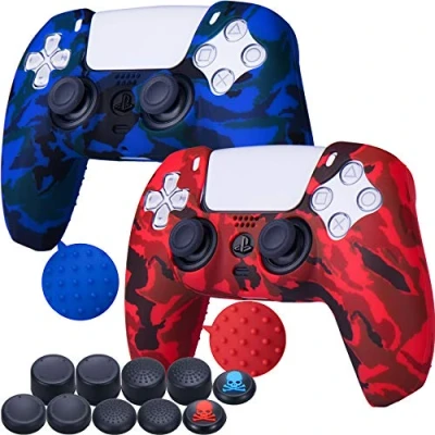 Bild av 9CDeer 2 stycken silikonöverföringstryck skyddande fodral + 10 tumgrepp för Playstation 5/PS5/Dualsense Controller färg röd och blå