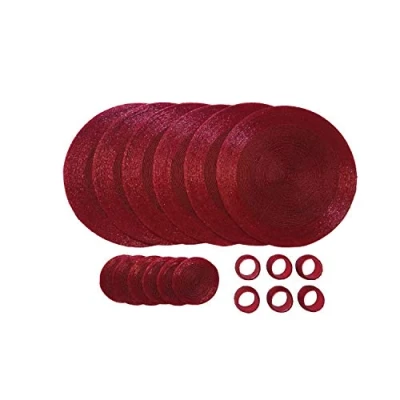 Bild av Penguin Home® Set med 18 bordstabletter, underlägg och servettringar av glaspärlor röd färg runda bordstabletter handgjorda erfarna indiska hantverkare diameter 32 cm, 3698