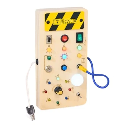 Bild av Montessori Busy Board spel i trä med LED ljusbrytare pedagogisk leksak för barn kognitiv och sensorisk utveckling aktivitetsbräda present till 3 år