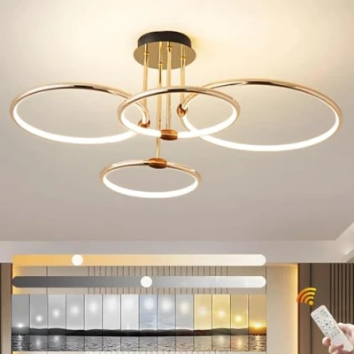 Bild av YYUTLUO LED Taklampa, Ø75cm Guld Metall Cirkel Ljuskrona, 85W Steglös Dimbar 3000 6000K, Modern Rund Galvaniserad Pendel, Sovrum Vardagsrum Barn Kontor Arbetsrum Kök Hall(4 Ring)