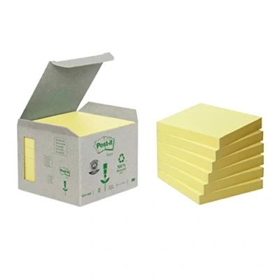 Bild av Post it Återvunnen notes kanariegul, förpackning med 6 block, 100 ark per 76 mm x mm, färg: Gul självhäftande notislappar av 100% återvunnet papper