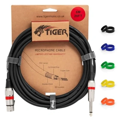 Bild av TIGER MIC6 06 Mikrofonkabel 6 meter/20 fot hona XLR till 6,35 mm/1/4 tum uttag obalanserad instrumentkabel med lågt brus utbytbara färgade öglor