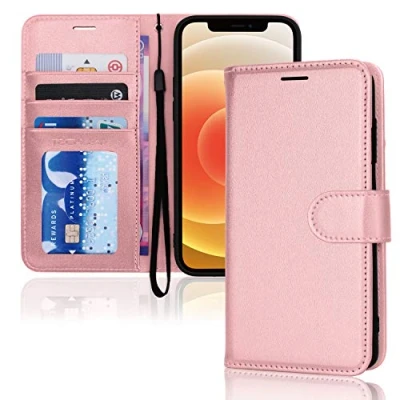 Bild av TECHGEAR iPhone 12/iPhone 12 Pro plånboksfodral i läder, vikbart skyddande fodral med plånbokskorthållare, stativ och handledsrem rosa PU läder magnetisk stängning för 12/12
