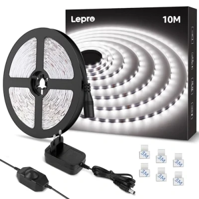 Bild av Lepro LED remsa 10 m, kall vit, remsor 6 000 K, dimbar, 2835 band, självhäftande, 420 lysdioder, superljus, ljusband, med strömförsörjning, ljuskedja för inomhus, kök,