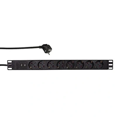 Bild av LogiLink Professional PDU8C02 19 tum grenuttag med 8 x jordkontaktuttag (CEE7/3) i 45 arrangemang + 2 USB (typ A vardera 2,1 A), överbelastningsskydd