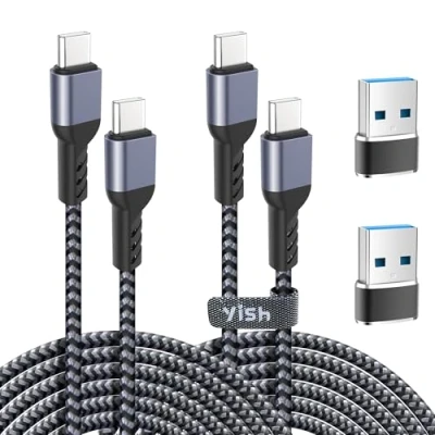 Bild av YISH 65W USB C till kabel: [2 m + 2 M] typ kabel snabbladdning 3A nylon flätad kompatibel med iPhone 16 15 Pro Max Samsung Galaxy S24 S23 pixlar 7 Sony iPad MacBook