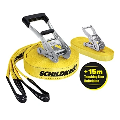 Bild av Schildkröt® Slackline 15 m, dessutom med Teaching Line, hjälplinje för nybörjare, robust 5 cm bred linje barn och vuxna