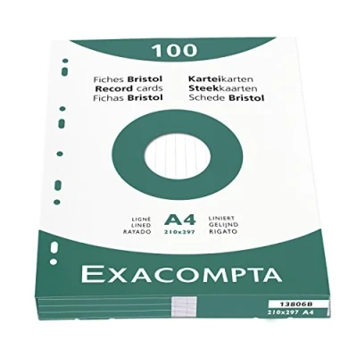 Bild av Exacompta Ref 13806B Förpackning med 100 operforerade linjerade indexkort storlek 210 x 297 mm kompatibel bläckstråleskrivare, laser och kopiatorer färg vit