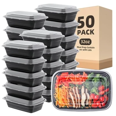 Bild av 50 pack 32 oz matförvaringsbehållare med lock, bentolåda återanvändbar lunchlåda i plast kök mat hämtlåda mikrovågsugn diskmaskin och frys säker